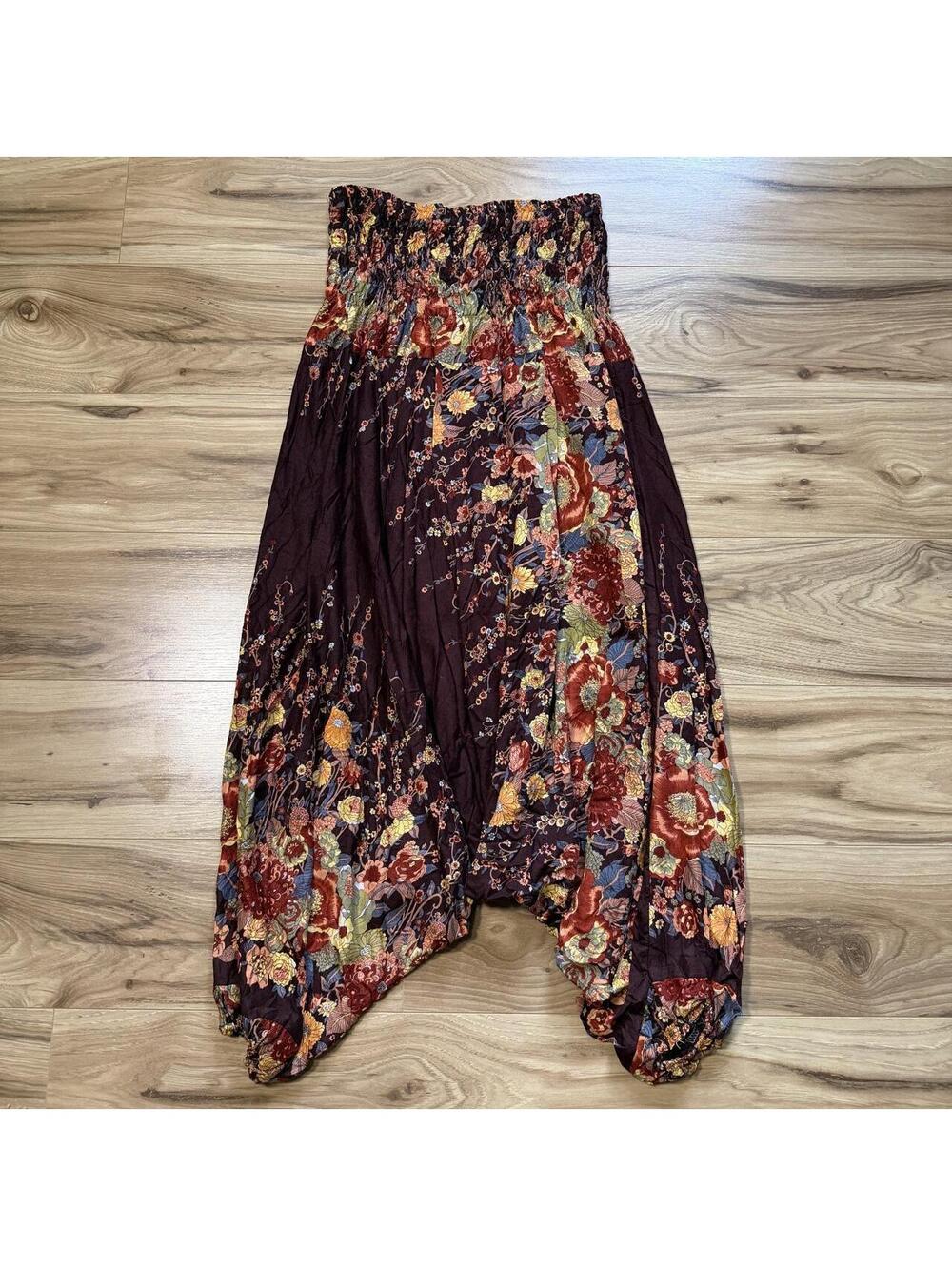 Lofbaz Brown Floral Harem Pants Smocked Waist Boho Hippie
